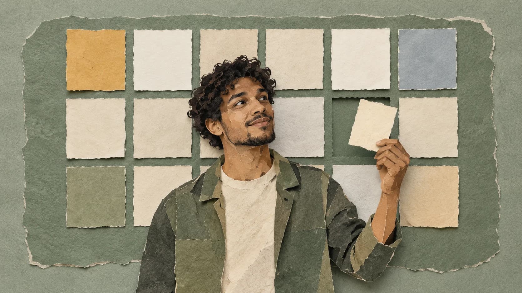 Hand-cut paper collage of a curly-haired young man arranging a wall grid of blank paper tiles with one tile held aside.