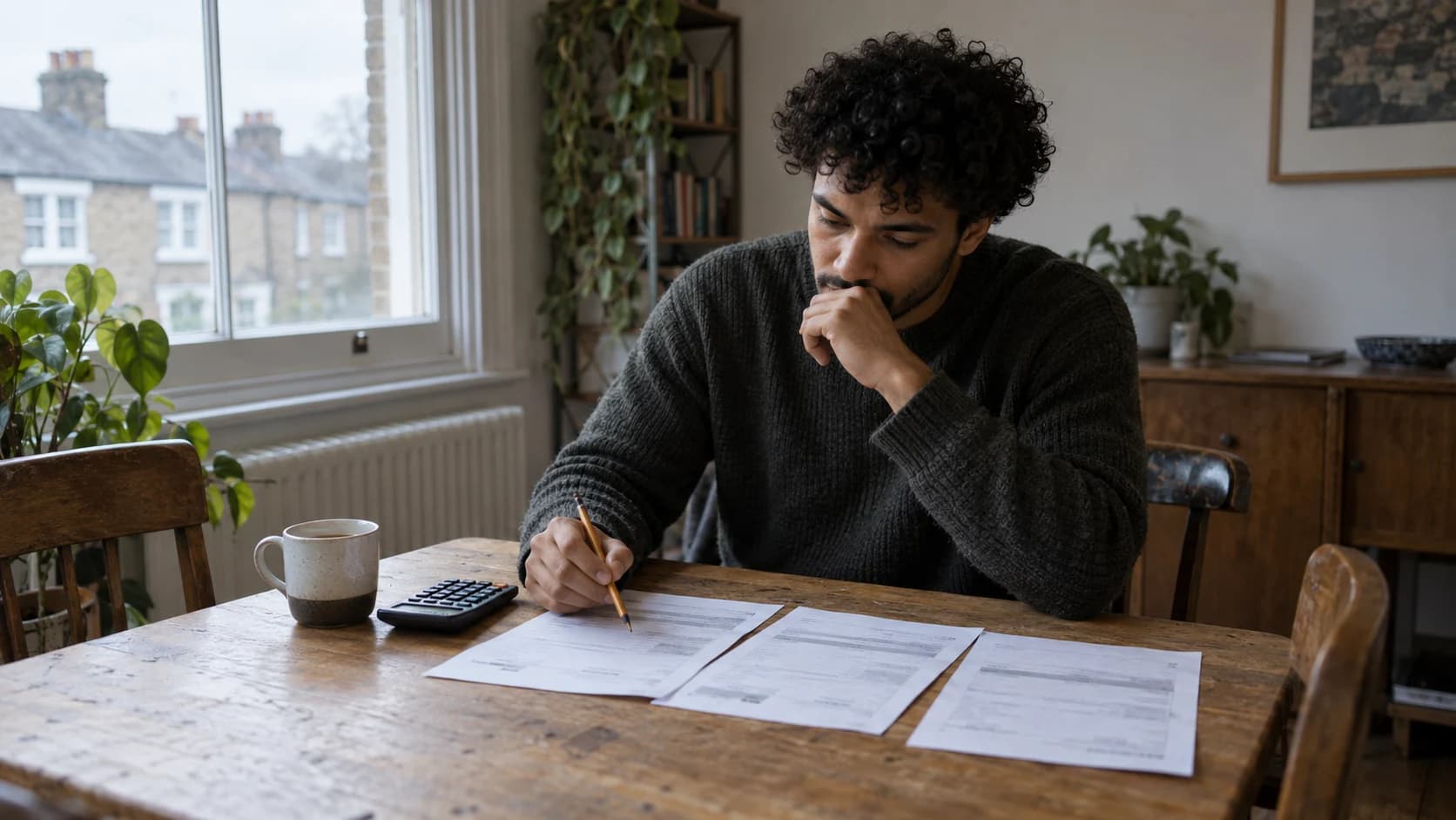 Candid photograph of a young mixed-race British man with curly hair at a small dining table, comparing three printed supplier quotations beside a calculator and mug in overcast window light.