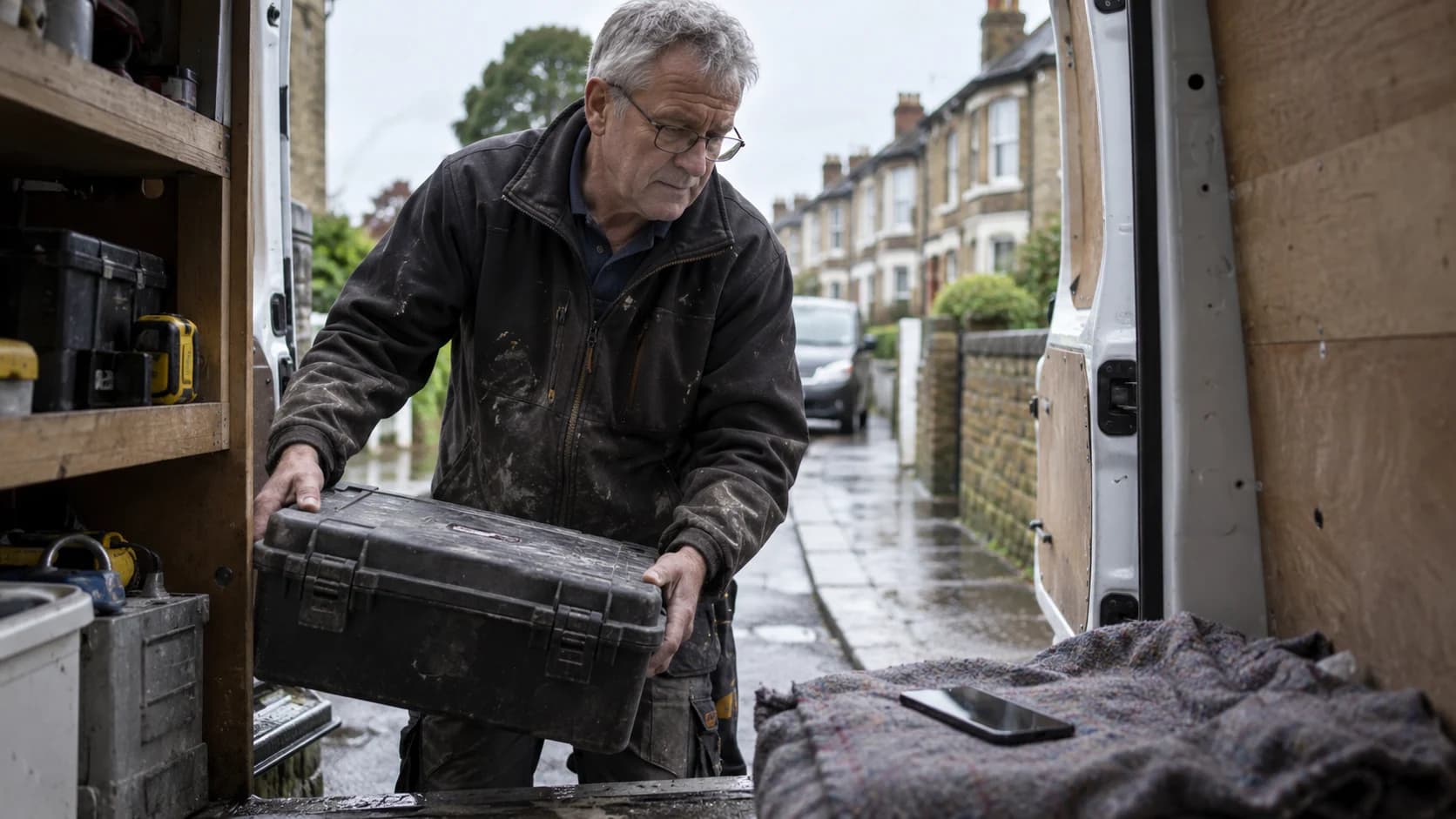 A tradesperson unloading a tool case while a phone rests inside the work van.