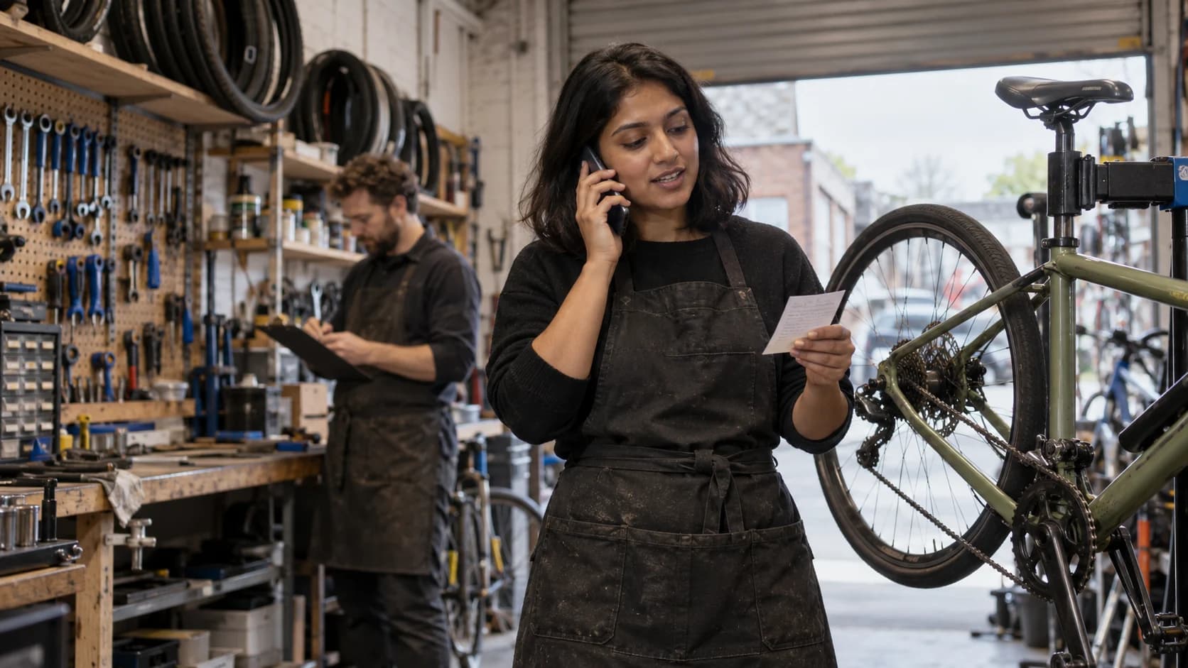 A South Asian British woman in a bicycle workshop holds a phone to her ear and a paper note while a colleague with a clipboard works nearby in daylight.