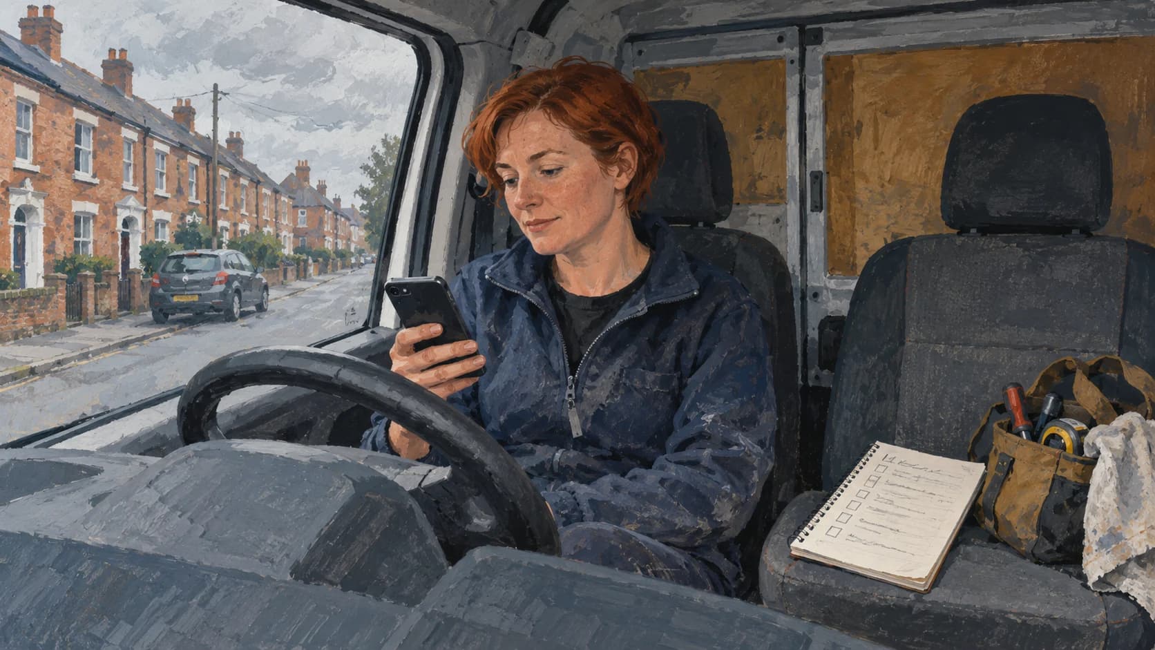 An editorial gouache painting of a red-haired woman in her forties sitting in the cab of a small UK work van, phone in hand, with a paper job list on the passenger seat, on an overcast residential street.