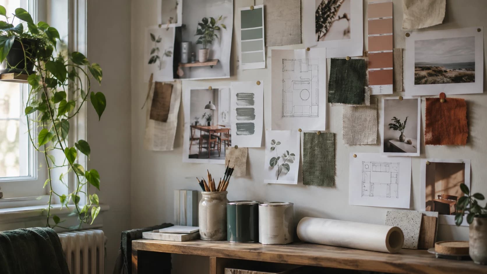 A studio wall covered with pinned layout sheets, colour swatches and fabric samples above a shelf of paint tins and pencils in soft daylight.
