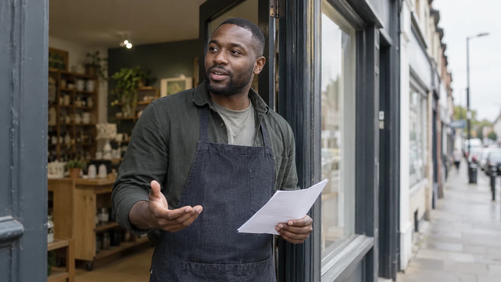 A Black British man in his thirties with close-cropped hair stands in the doorway of a small high-street shop in overcast light, holding a folded sheet and gesturing as he explains something.
