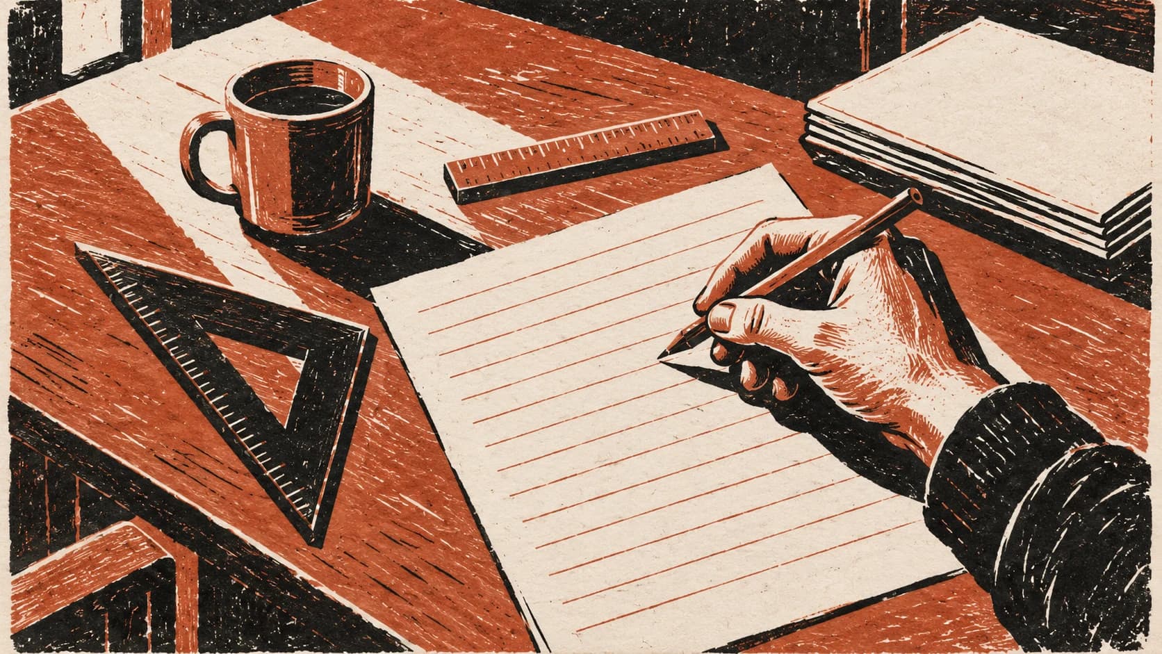 Two-colour linocut of a hand drawing with a pencil on a ruled sheet at a drafting table with a set square, ruler and mug.