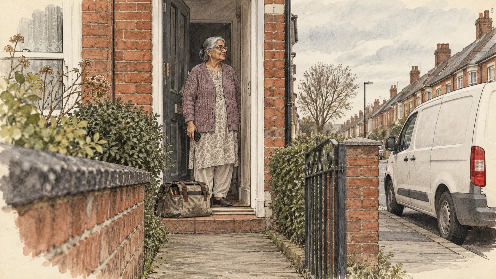Hand-drawn ink illustration of an older South Asian British woman with grey hair and a cardigan at the open door of a red-brick UK terrace, a phone at her side, a plain white van at the kerb and a tool bag on the doorstep.