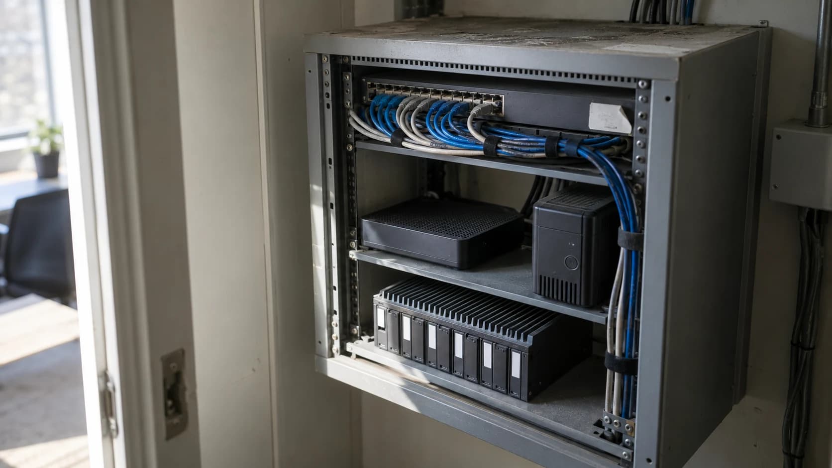 A small office network cabinet with coiled patch cables, router and UPS, lit by daylight from an open cupboard door.