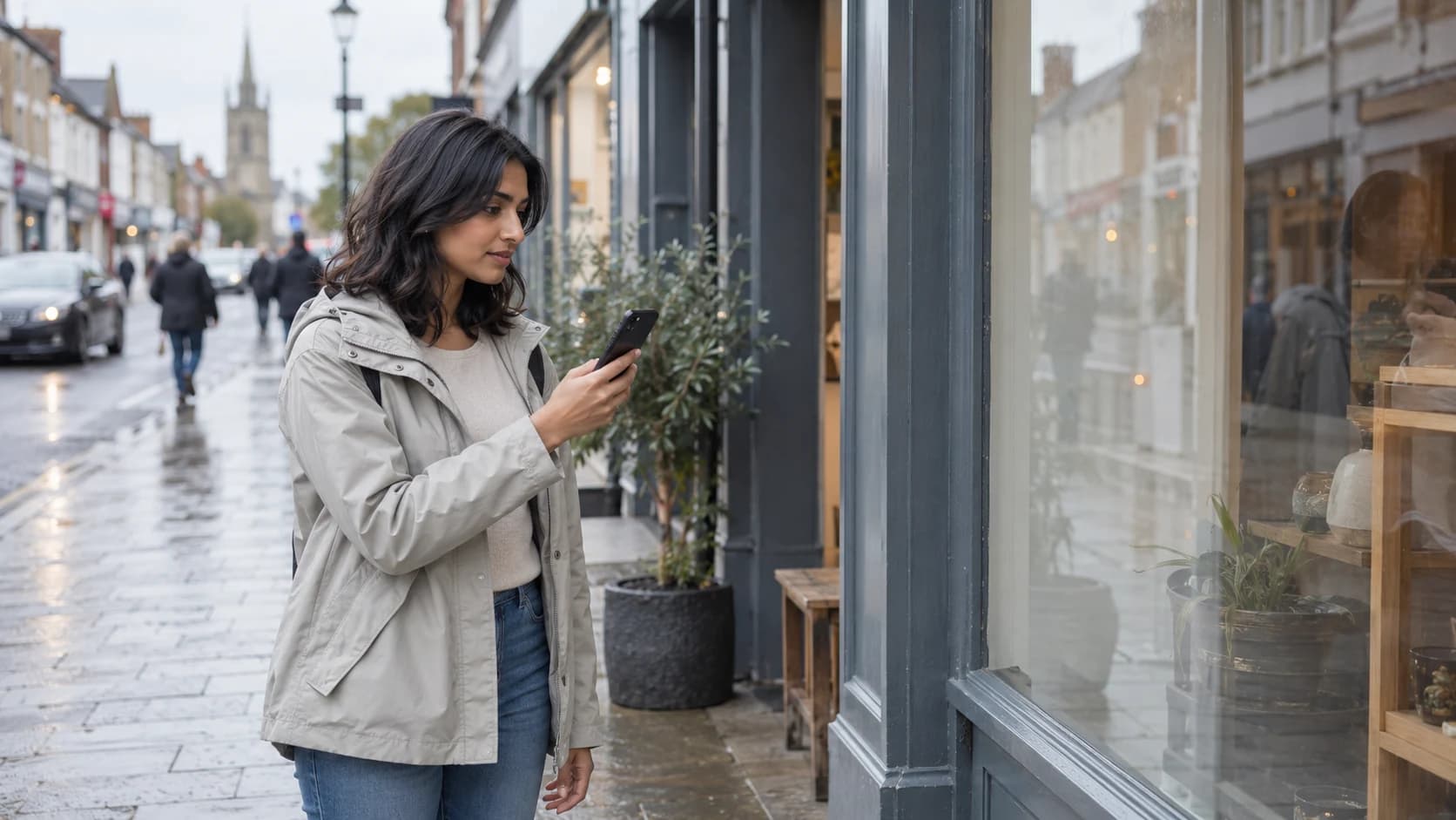 A young South Asian British woman with shoulder-length hair stands on a wet UK high-street pavement, holding her phone up beside a small shopfront as she checks the mobile journey a customer would take, under overcast daylight.
