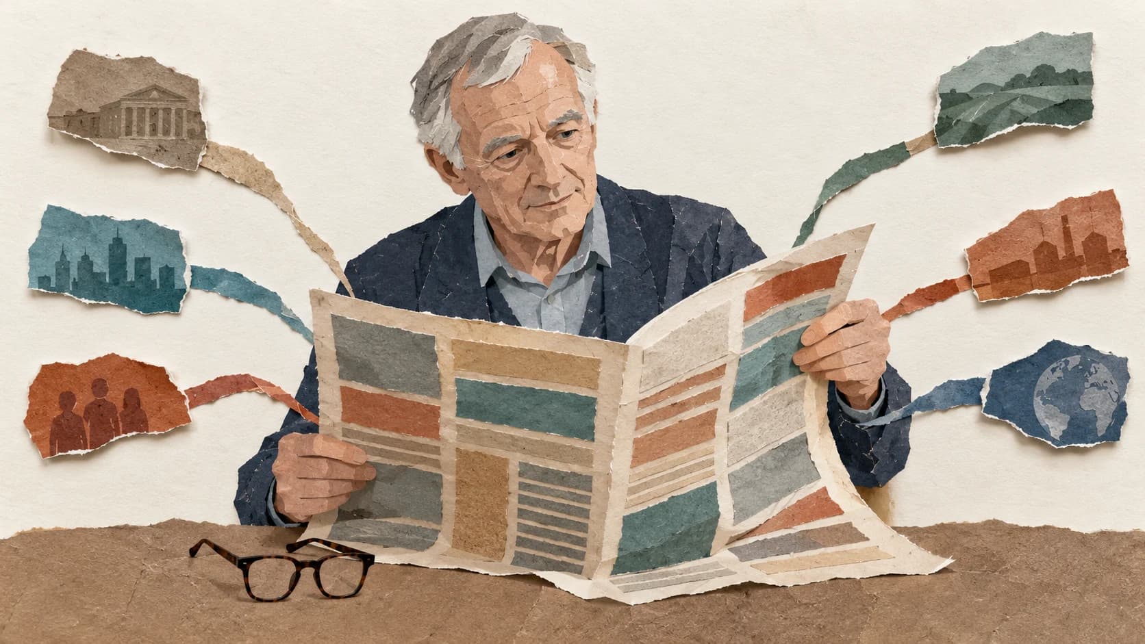 A cut-paper collage of an older white British man with his glasses set down, turning a broadsheet built from mismatched torn paper columns while small torn tokens approach from the margins.
