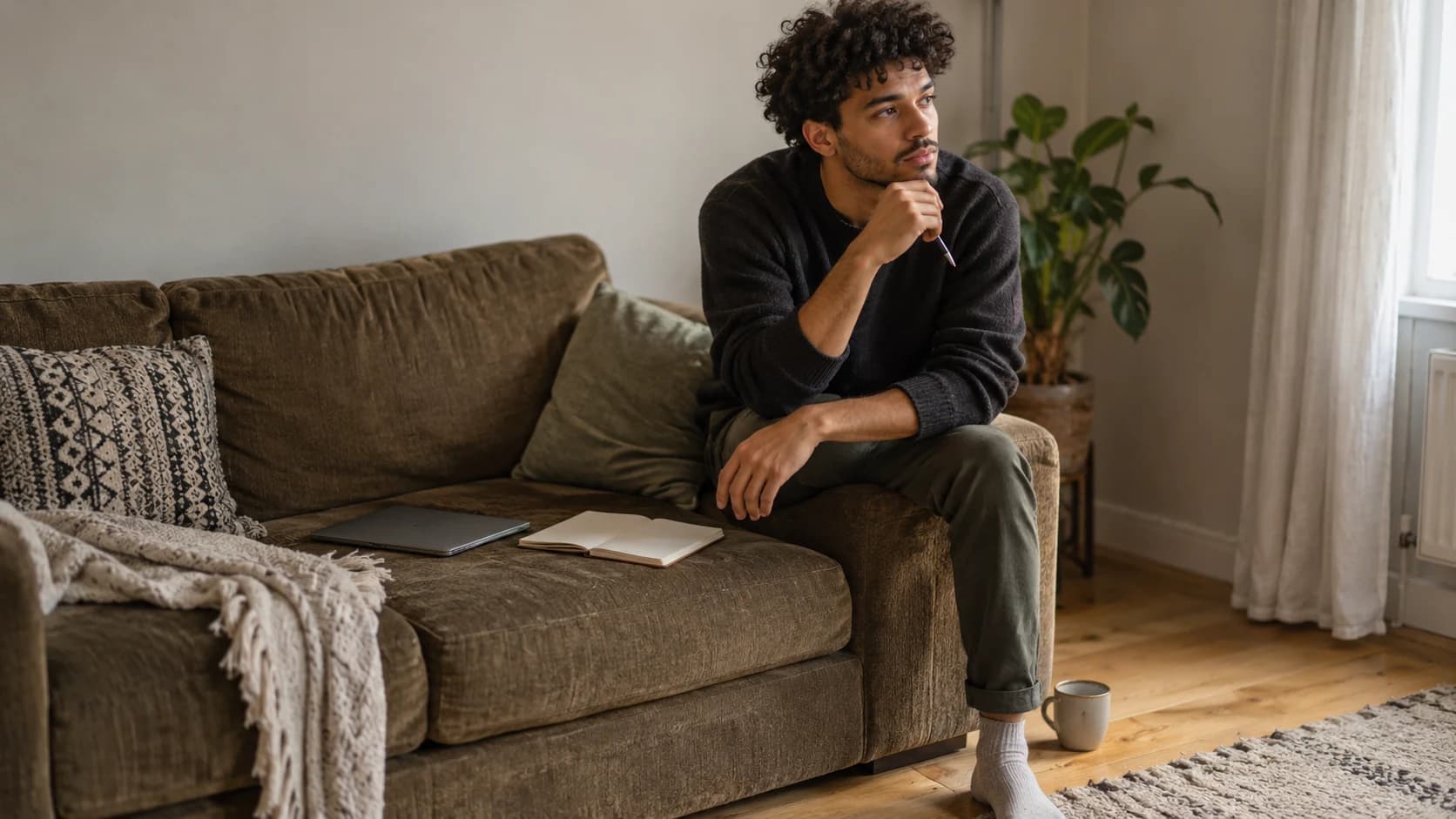 Candid natural photograph of a young mixed-race British man with curly hair pausing in thought on a sofa, a closed laptop and blank notebook beside him.
