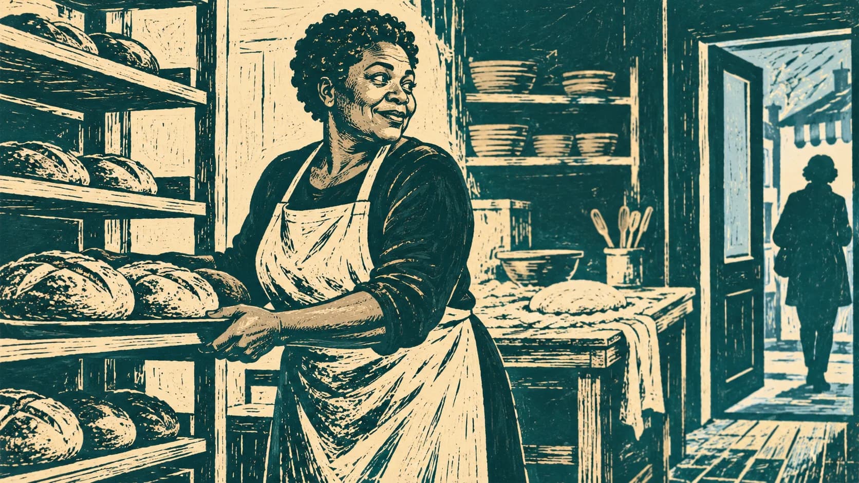 Two-colour teal and cream linocut of a middle-aged Black British woman with short natural hair steadying a tray of loaves in a small bakery, glancing toward the shop door.