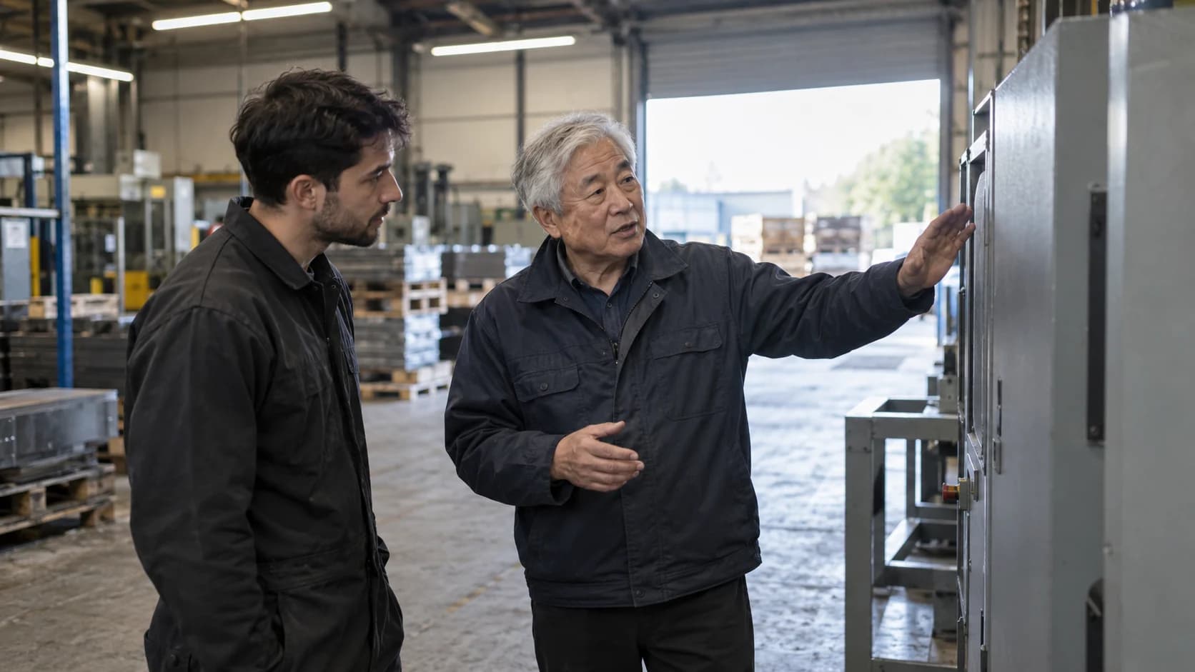 Candid photograph of an older East Asian British man with silver hair talking with a colleague beside a machine cabinet on the floor of a small UK workshop.