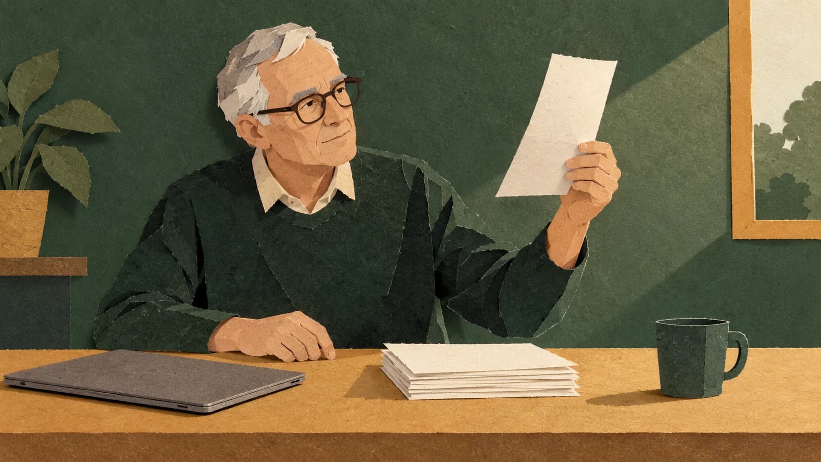 Hand-cut paper collage of an older white British man with glasses at a workbench holding up one paper sheet taken from a small neat stack, in muted bottle-green and ochre papers.