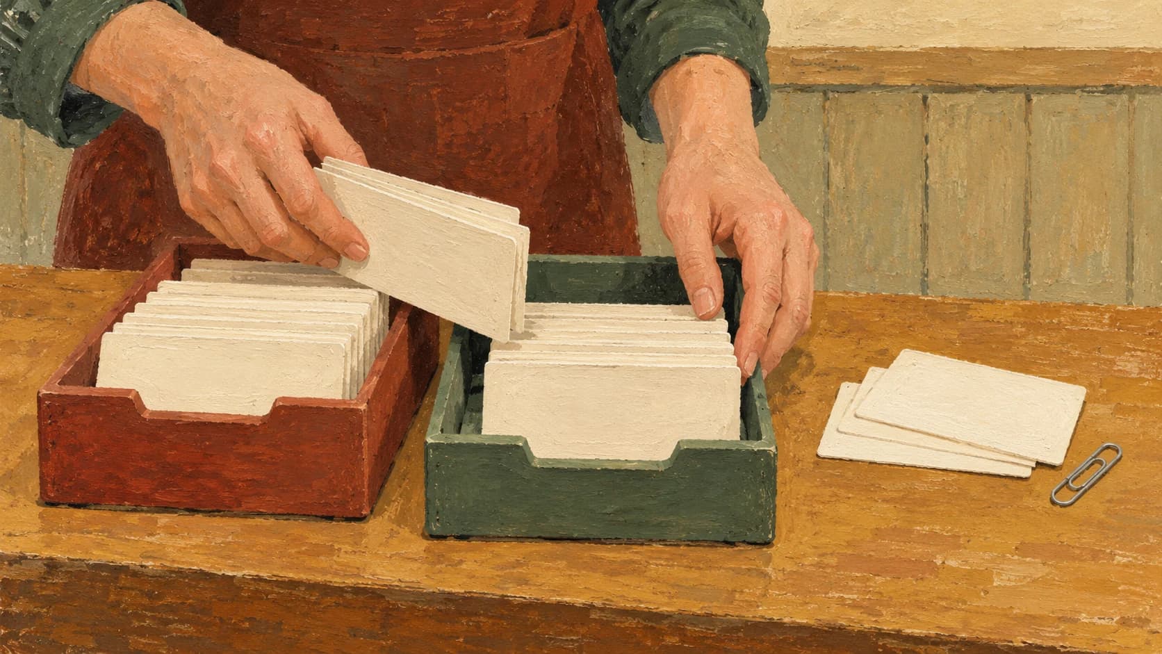 Flat gouache painting seen from above a shop counter, two hands sliding blank customer record cards between shallow trays while a few cards are set apart beside a paperclip.