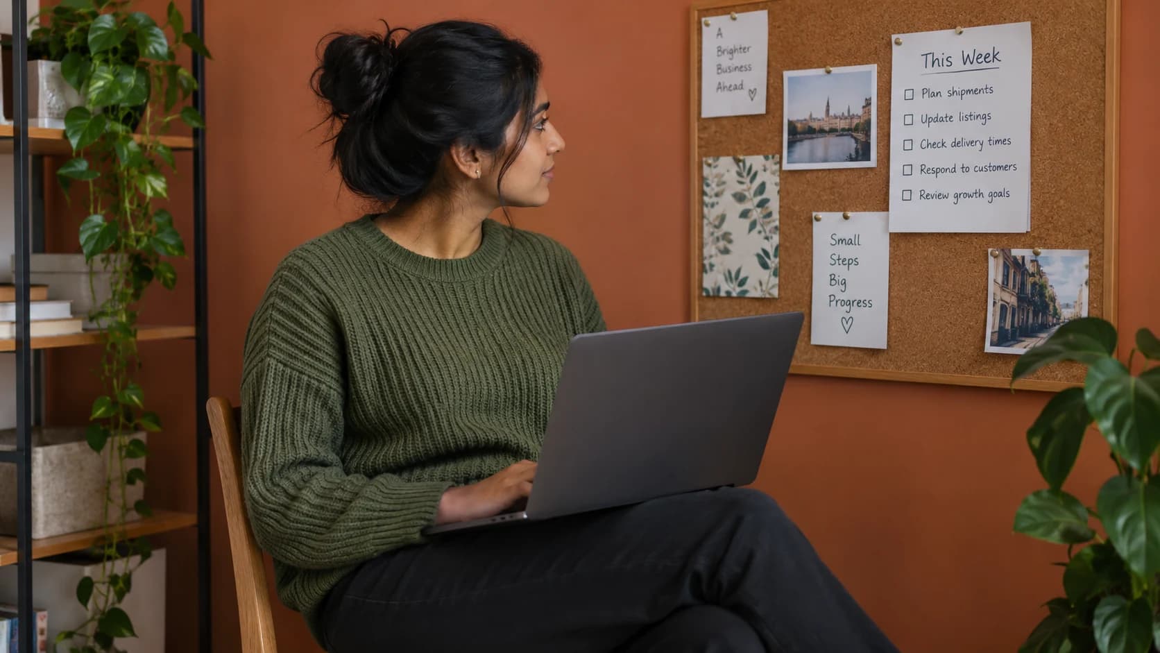 A person working on a laptop beside a task card pinned to a cork board.