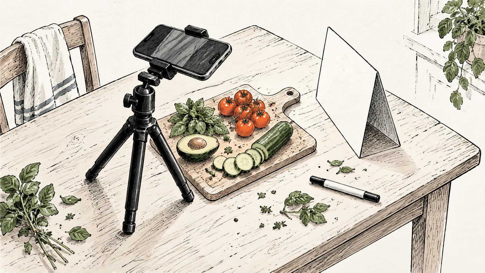 Ink line drawing of a phone on a small tripod filming a vegetable flat-lay on a kitchen table, with a reflector card and scattered leaves.