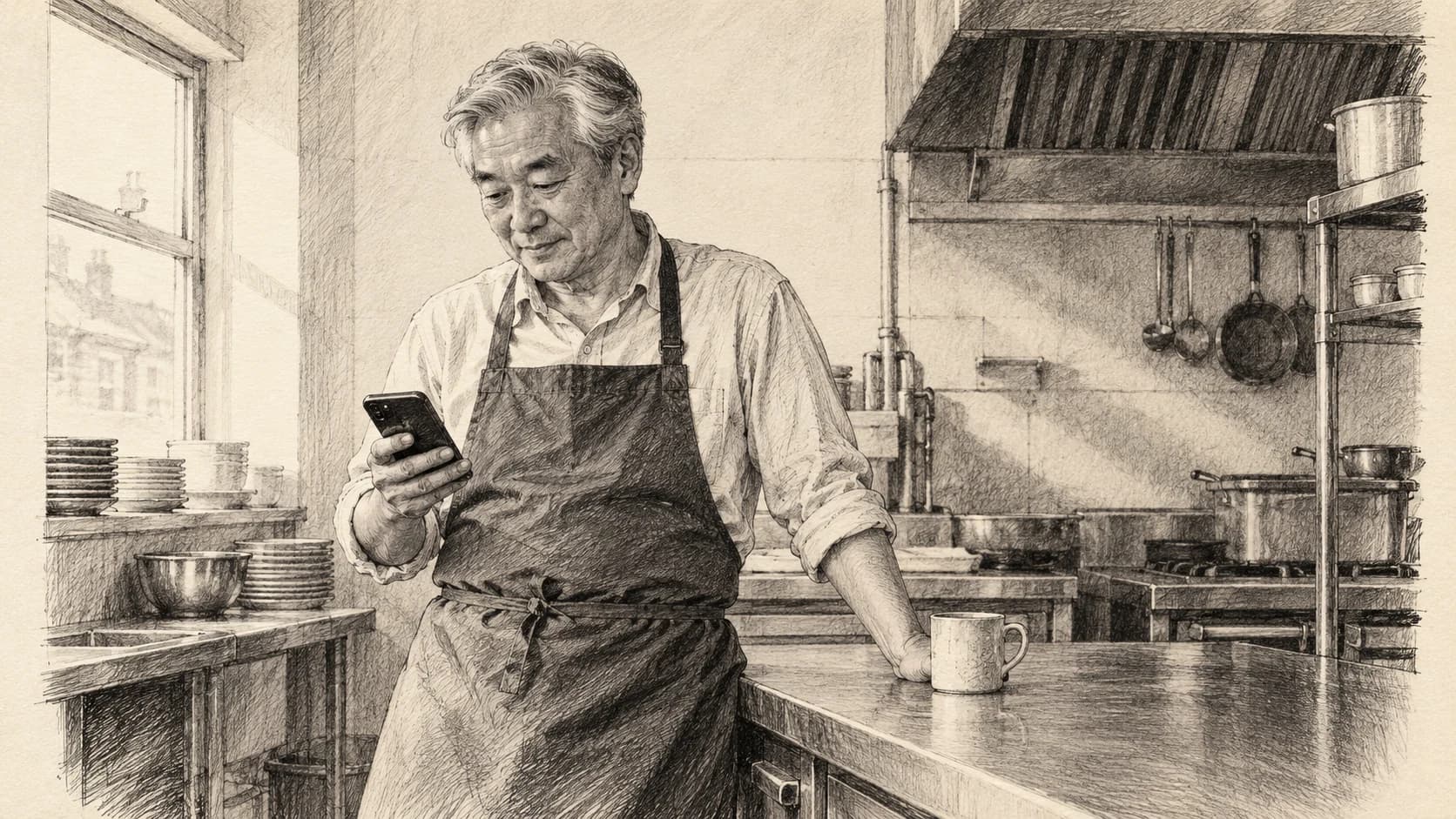 Ink drawing on off-white paper: an older East Asian British man with silver hair in an apron stands at a steel counter in a small restaurant kitchen, a mug of tea beside him, looking down at a dark phone he holds in one hand, quiet morning light from the left.