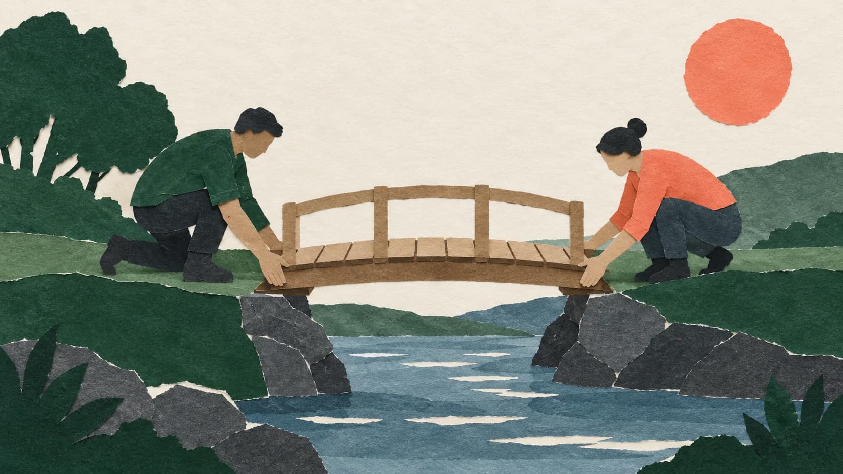 Two anonymous paper figures assembling a small footbridge together.