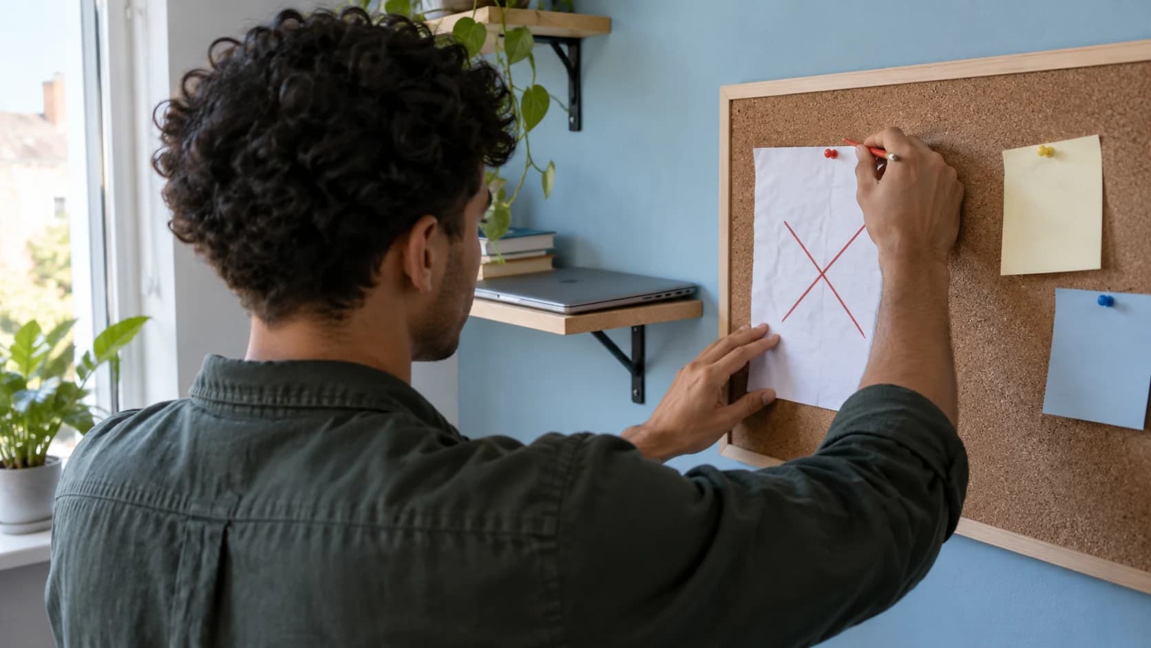 A person pinning a draft sheet beside notes on a corkboard in a home workspace.