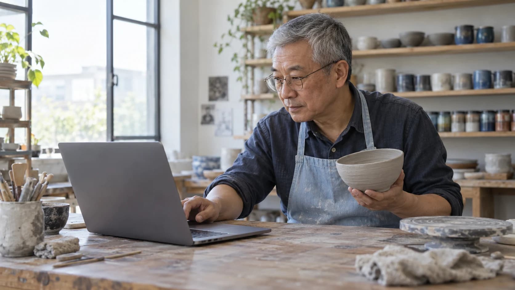 A ceramics-studio owner comparing an open laptop with a half-finished clay bowl.