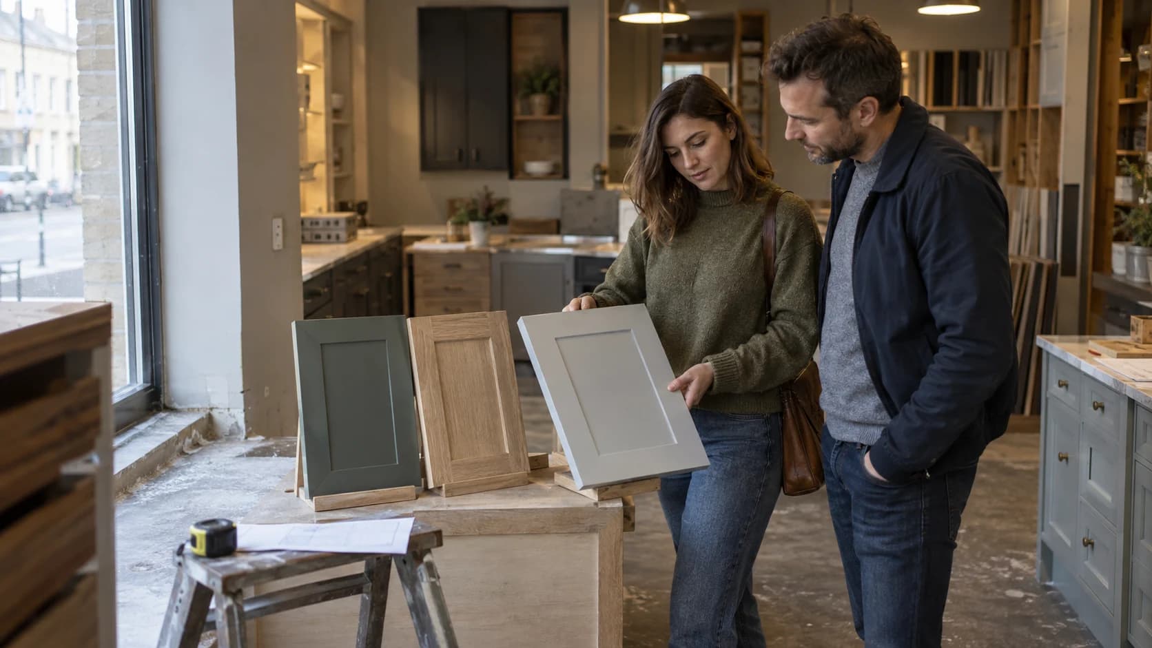 A couple comparing cabinet-door samples on stands in an independent UK kitchen showroom under mixed light.