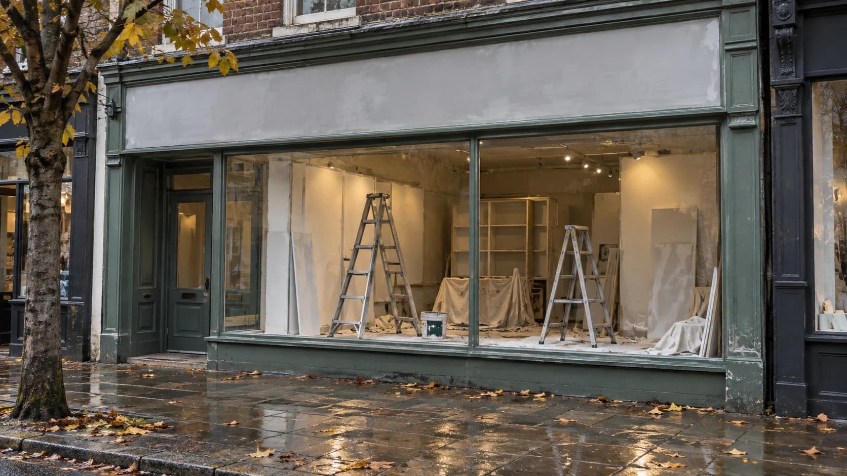 A UK high-street shop unit mid-refit with a blank fascia, stepladders and dust sheets under overcast autumn light.