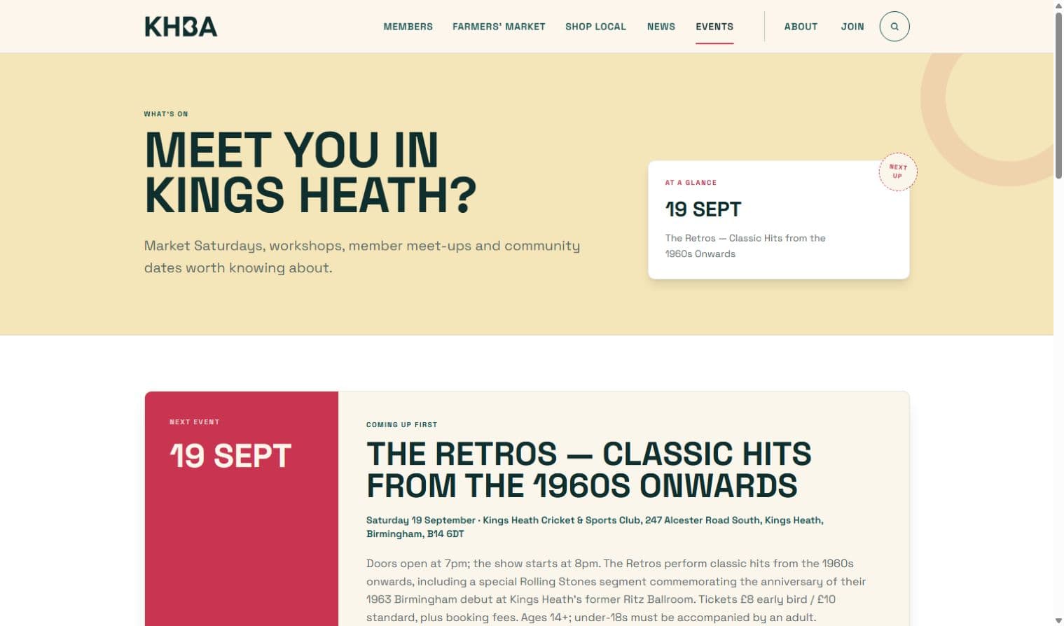 KHBA events page showing upcoming community events and practical event details