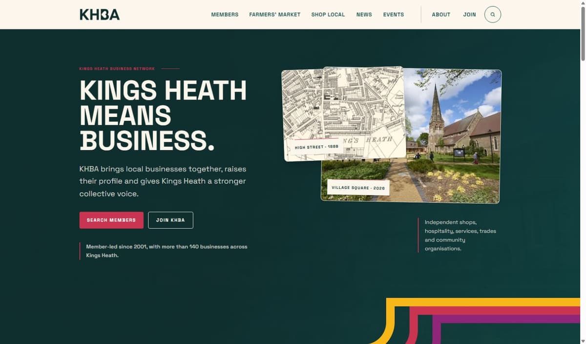 The live KHBA homepage with its complete masthead and Kings Heath means business introduction