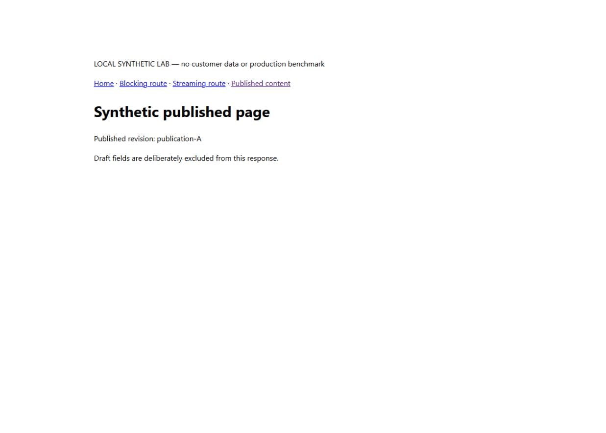 Local synthetic Next.js page showing published revision publication-A and an explanation that draft fields are excluded
