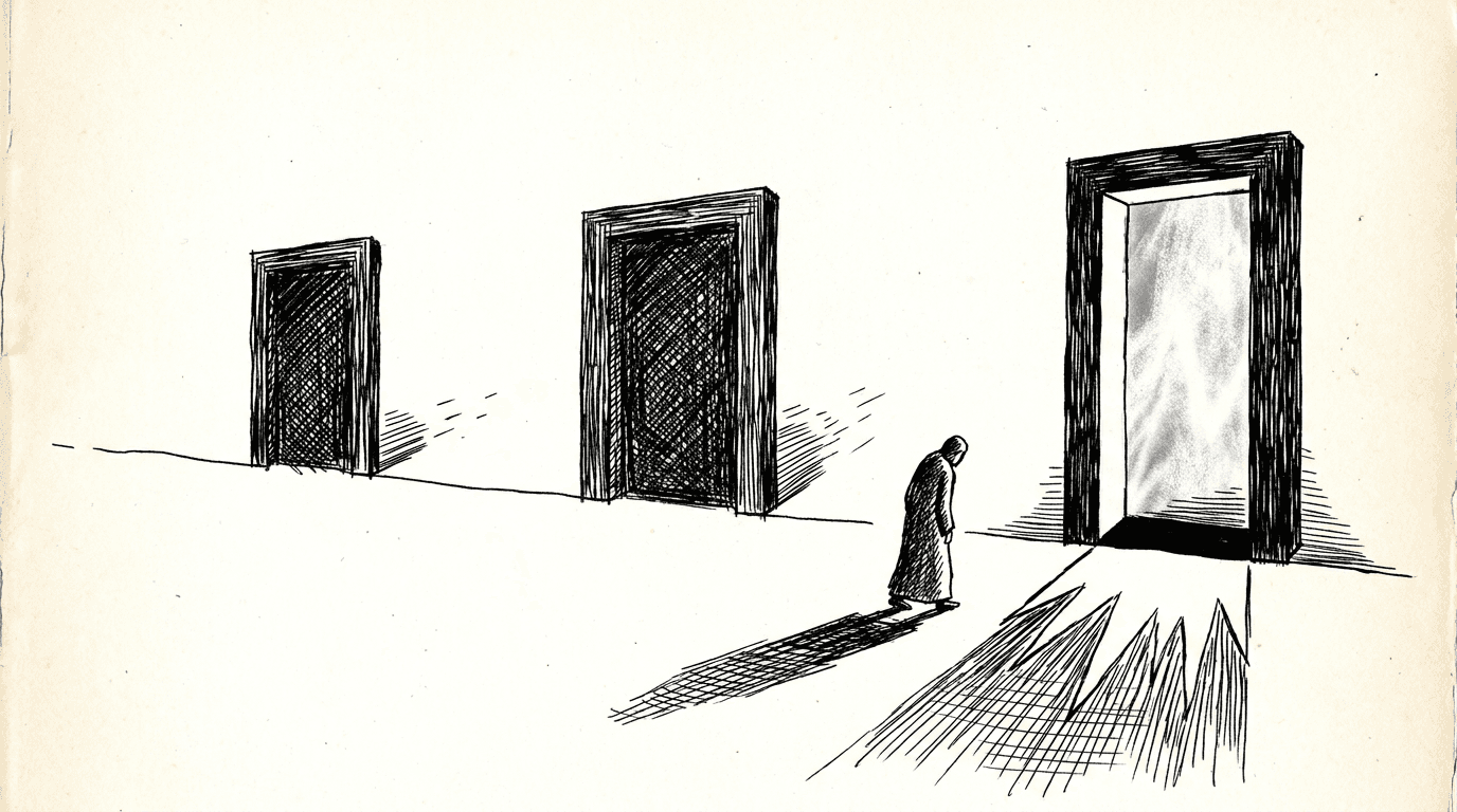 A person choosing between three doors, with one brightly lit