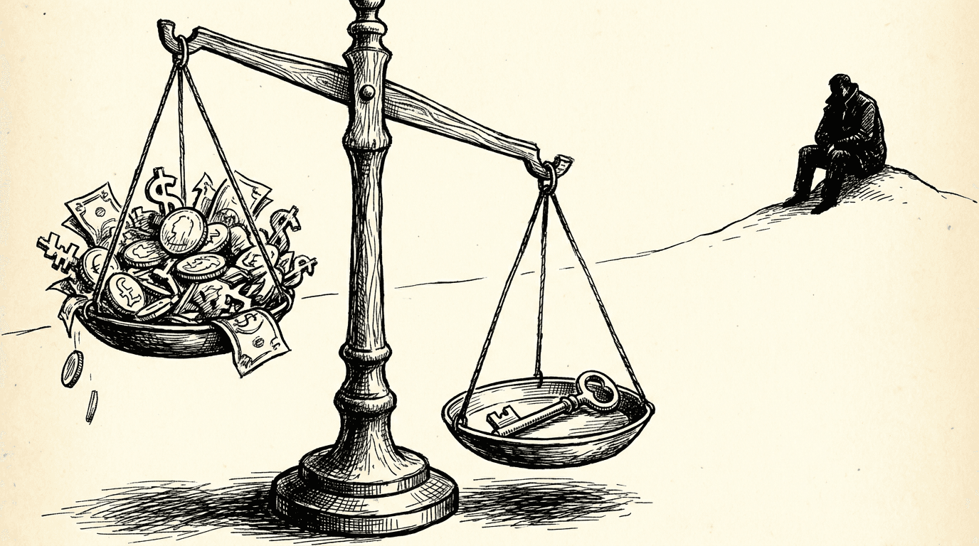 A balance weighing money against a key