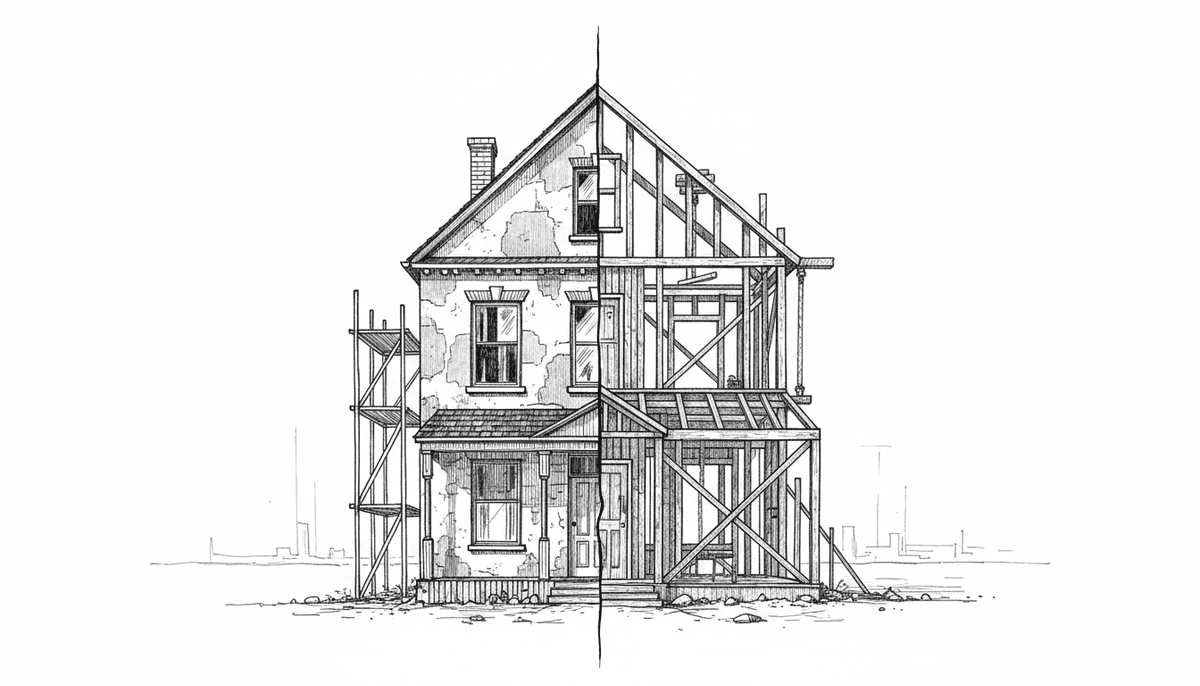 A house shown half worn and half rebuilt with its new structure exposed