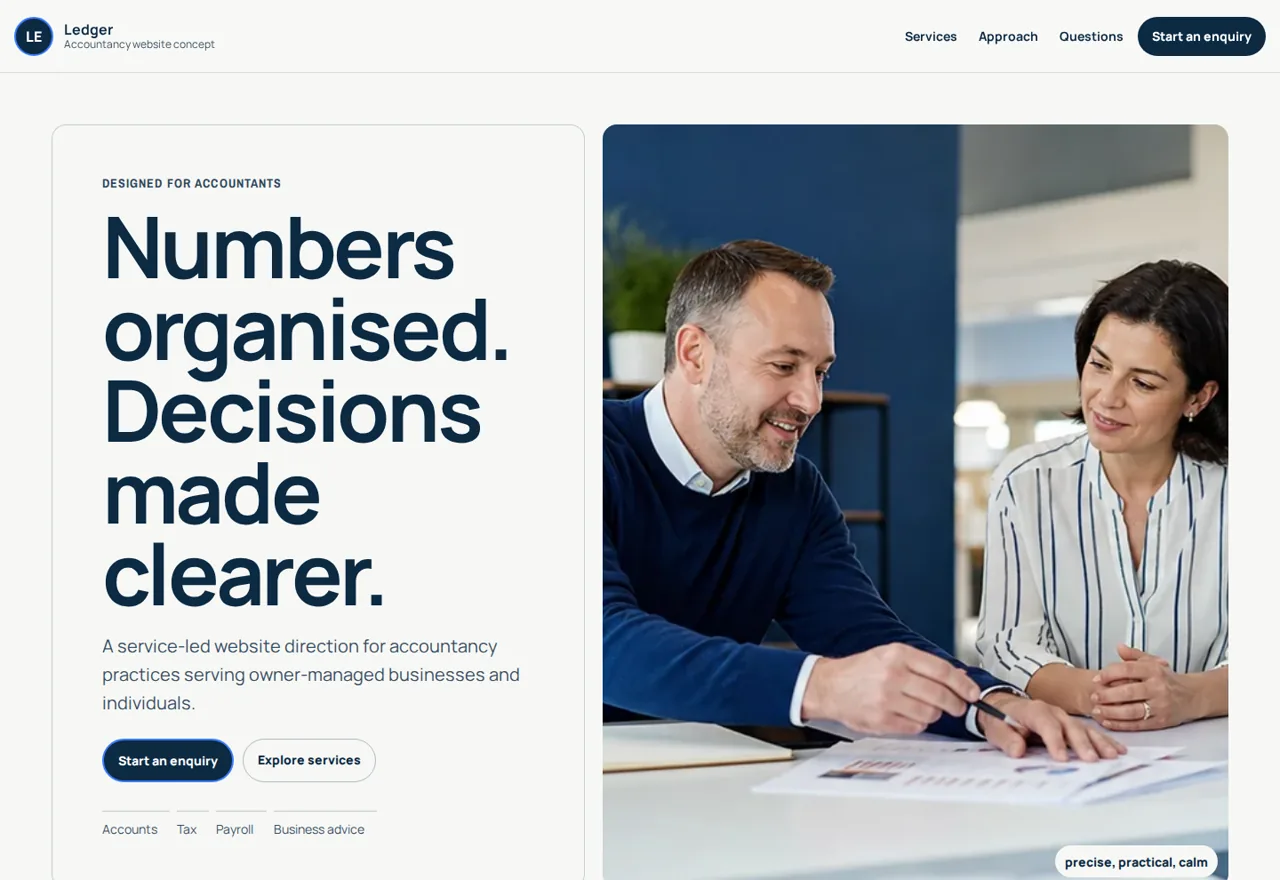 Ledger accountants website demonstrator with service and enquiry routes