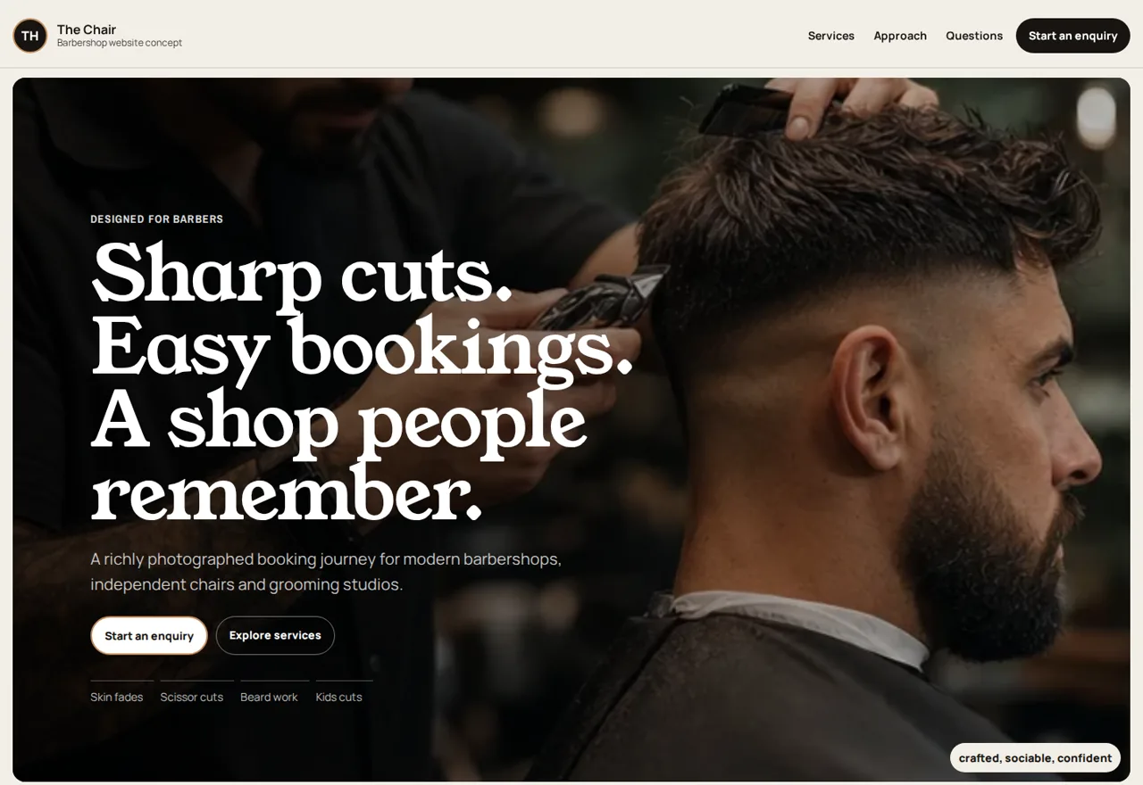 The Chair barbers website demonstrator with haircut imagery and booking actions