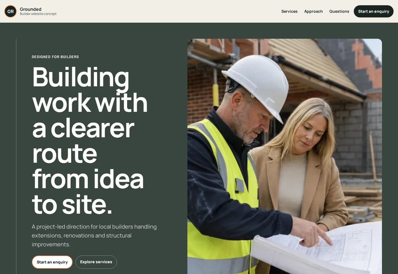 Grounded builders website demonstrator with project and site enquiry actions