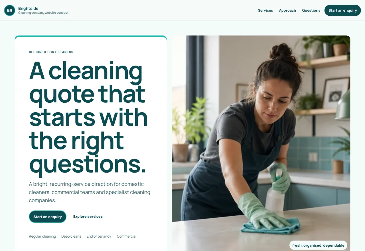 Brightside cleaners website demonstrator with cleaning services and quote actions