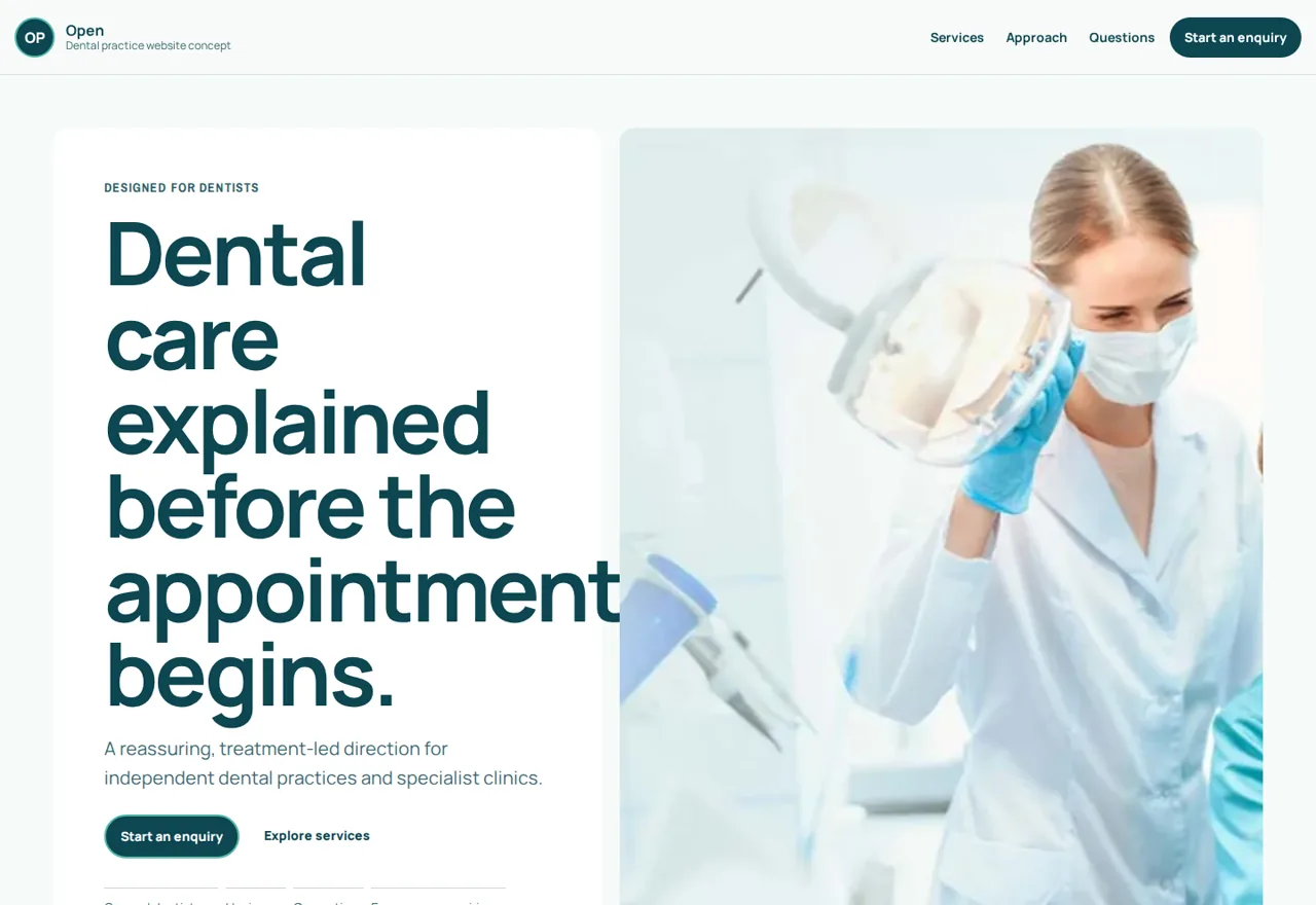 Open dentists website demonstrator with dental care and appointment actions
