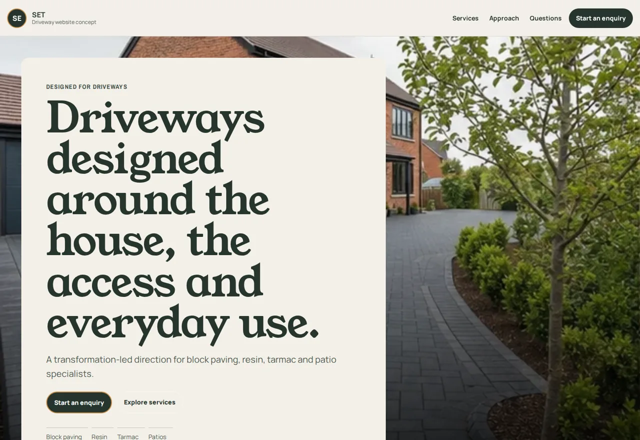 SET driveways website demonstrator with block paving imagery and survey actions