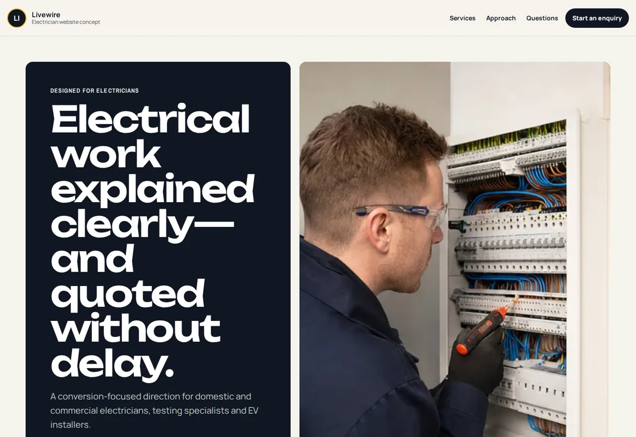 Livewire electricians website demonstrator with electrical work and quote actions