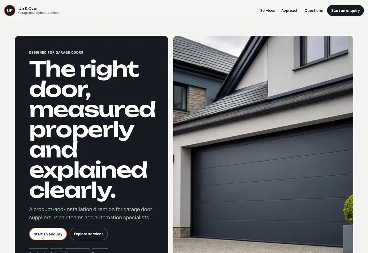 Up and Over garage doors website demonstrator with door and survey actions