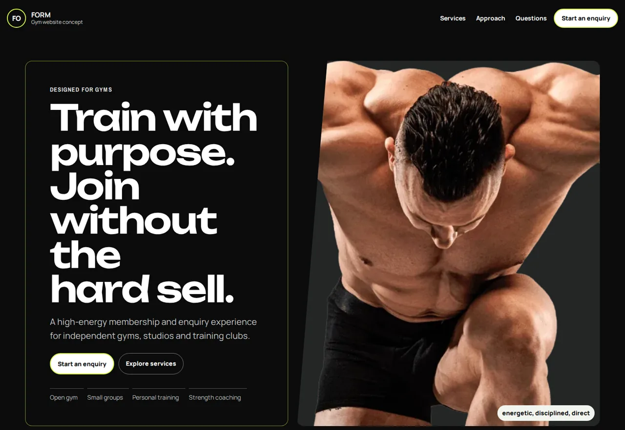 FORM gym website demonstrator with membership and trial enquiry actions