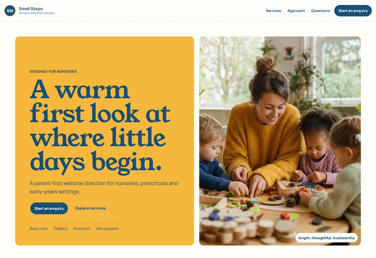Small Steps nursery website demonstrator with early-years information and enquiry actions
