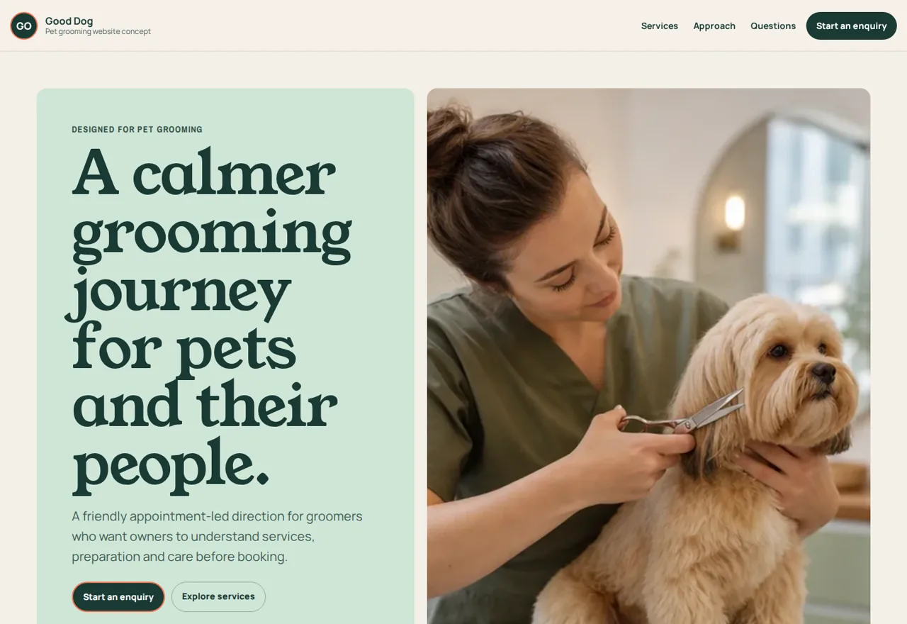 Good Dog pet grooming website demonstrator with grooming services and appointment actions
