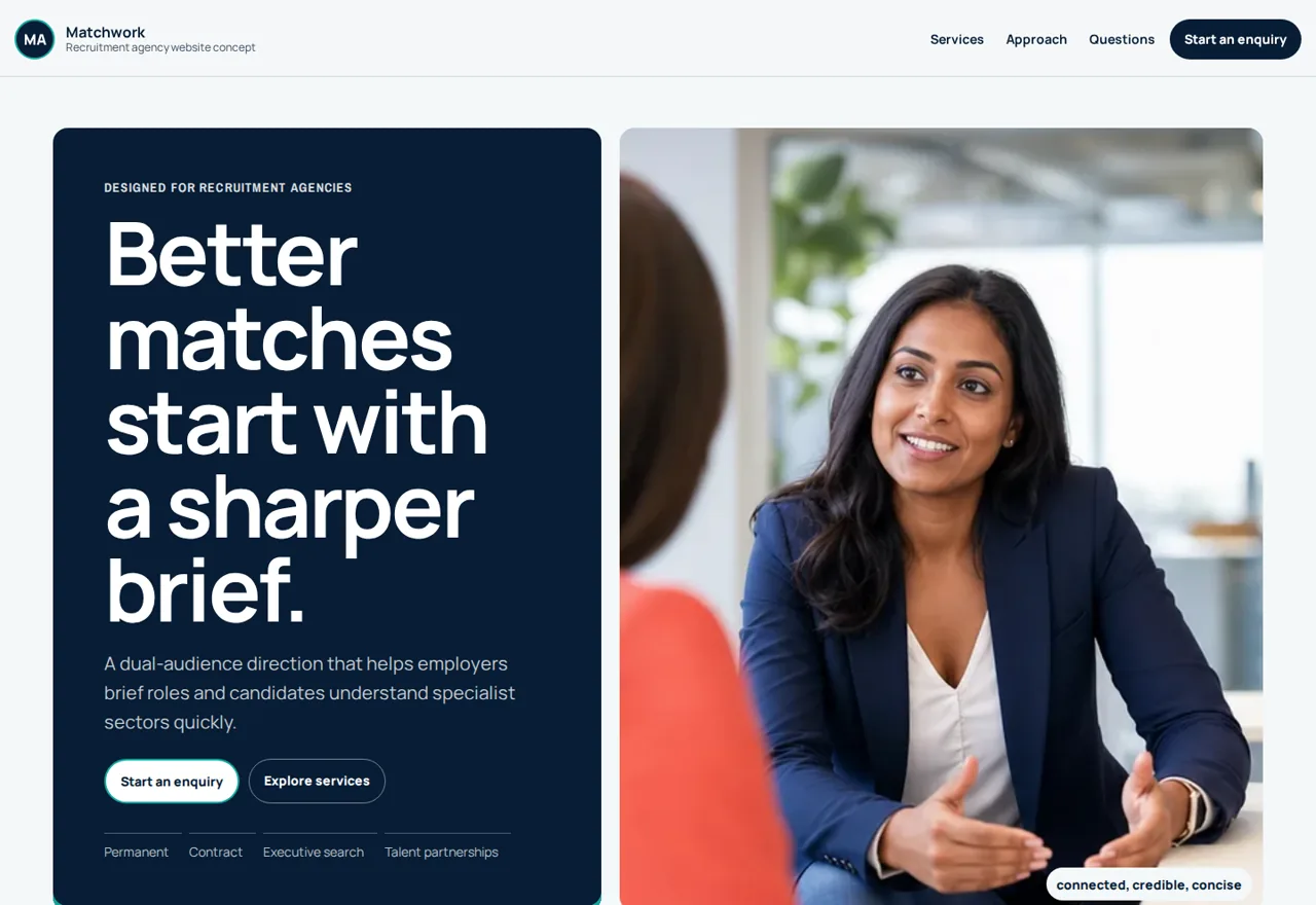 Matchwork recruitment website demonstrator with employer and candidate routes
