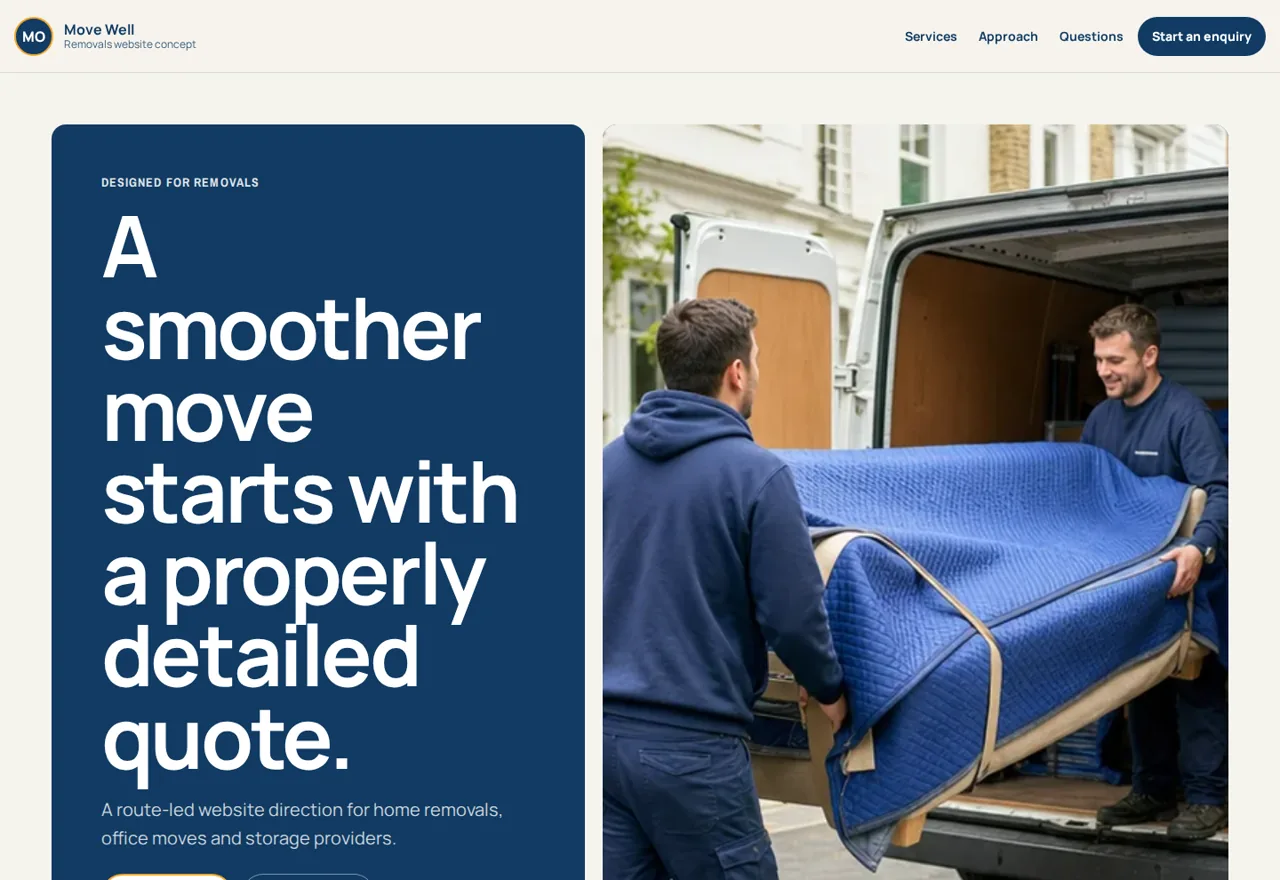 Move Well removals website demonstrator with moving services and quote actions