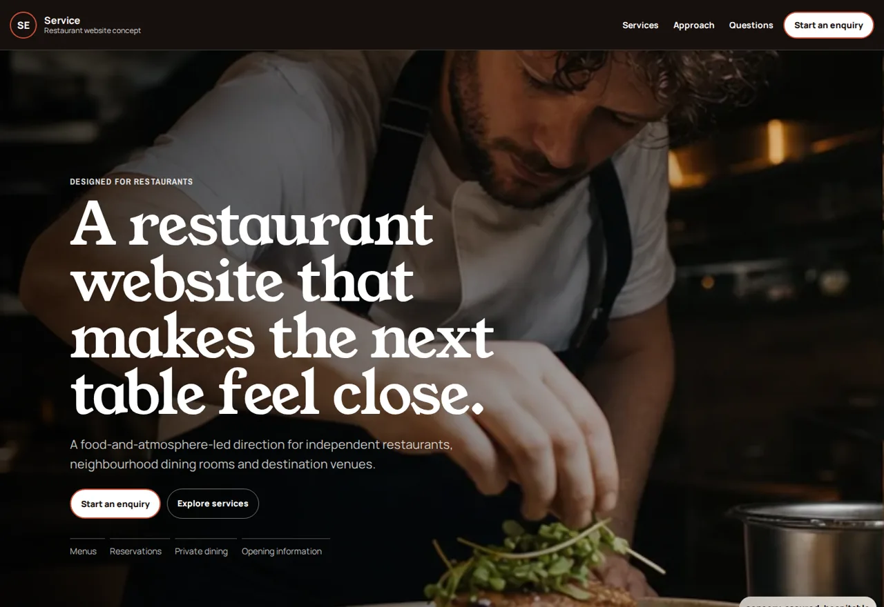 Service restaurant website demonstrator with dining imagery and reservation actions