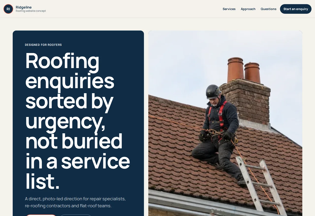Ridgeline roofers website demonstrator with roof repair enquiry actions