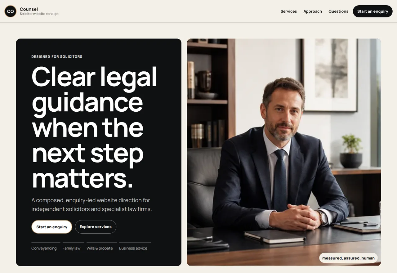 Counsel solicitors website demonstrator with clear legal guidance and enquiry actions