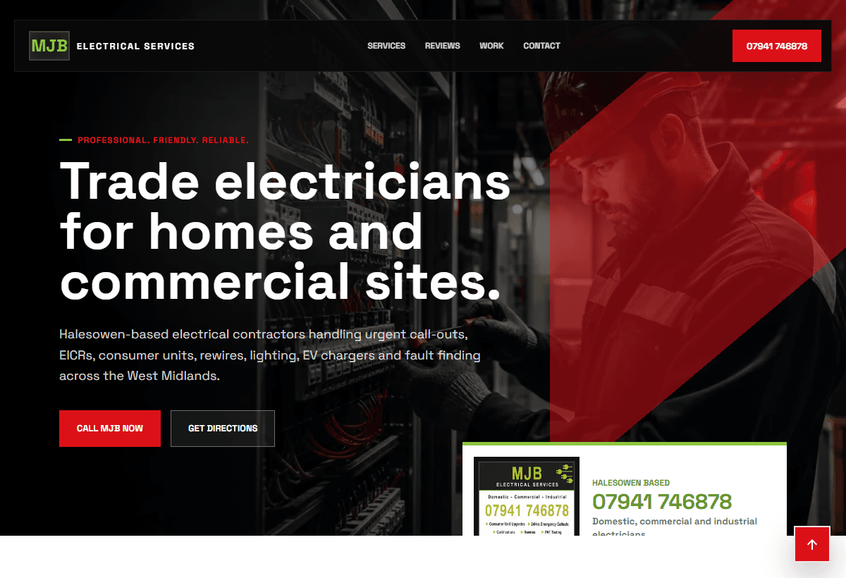 MJB Electrical website demonstrator with electrical services and enquiry actions