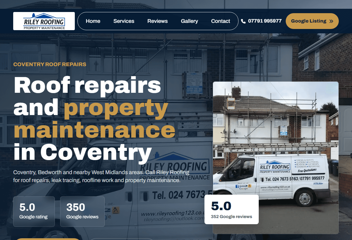 Riley Roofing website demonstrator with roof repair services and enquiry actions
