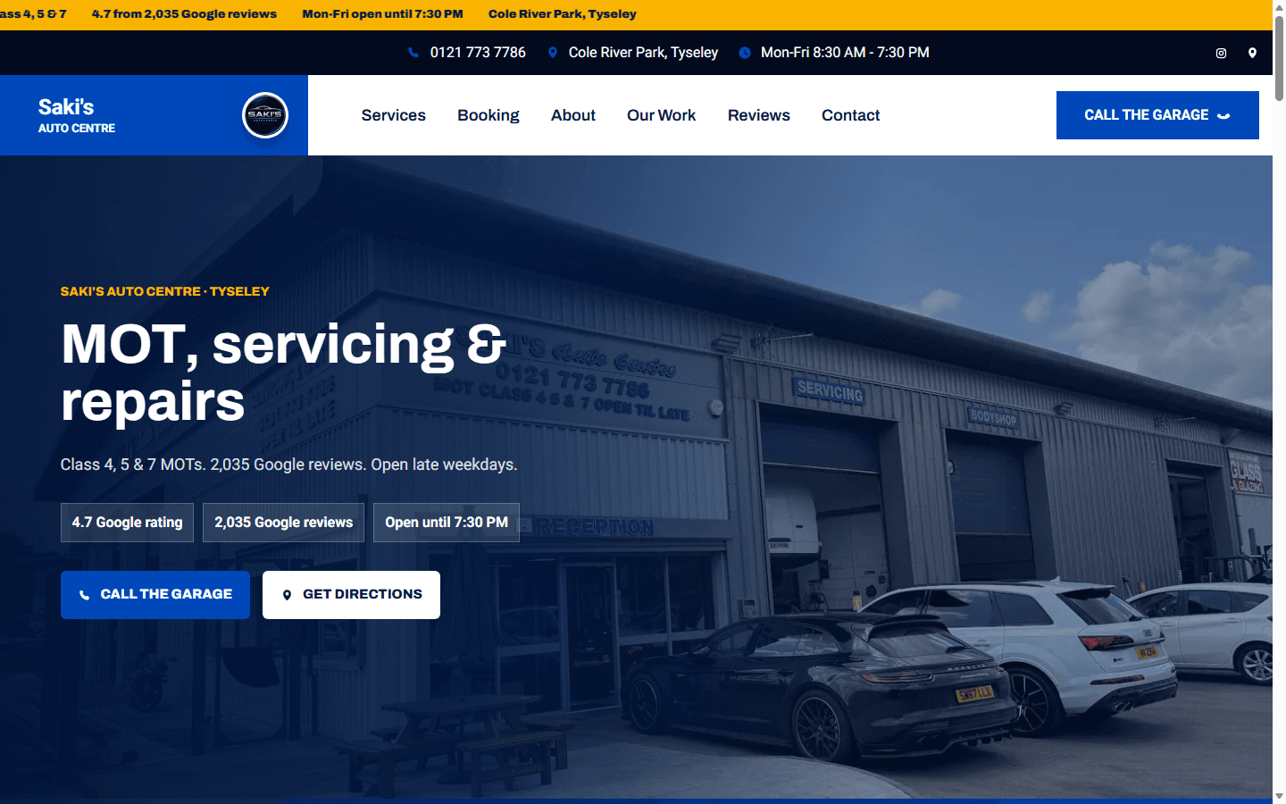Saki's Auto Centre garage website demonstrator with workshop services and booking actions